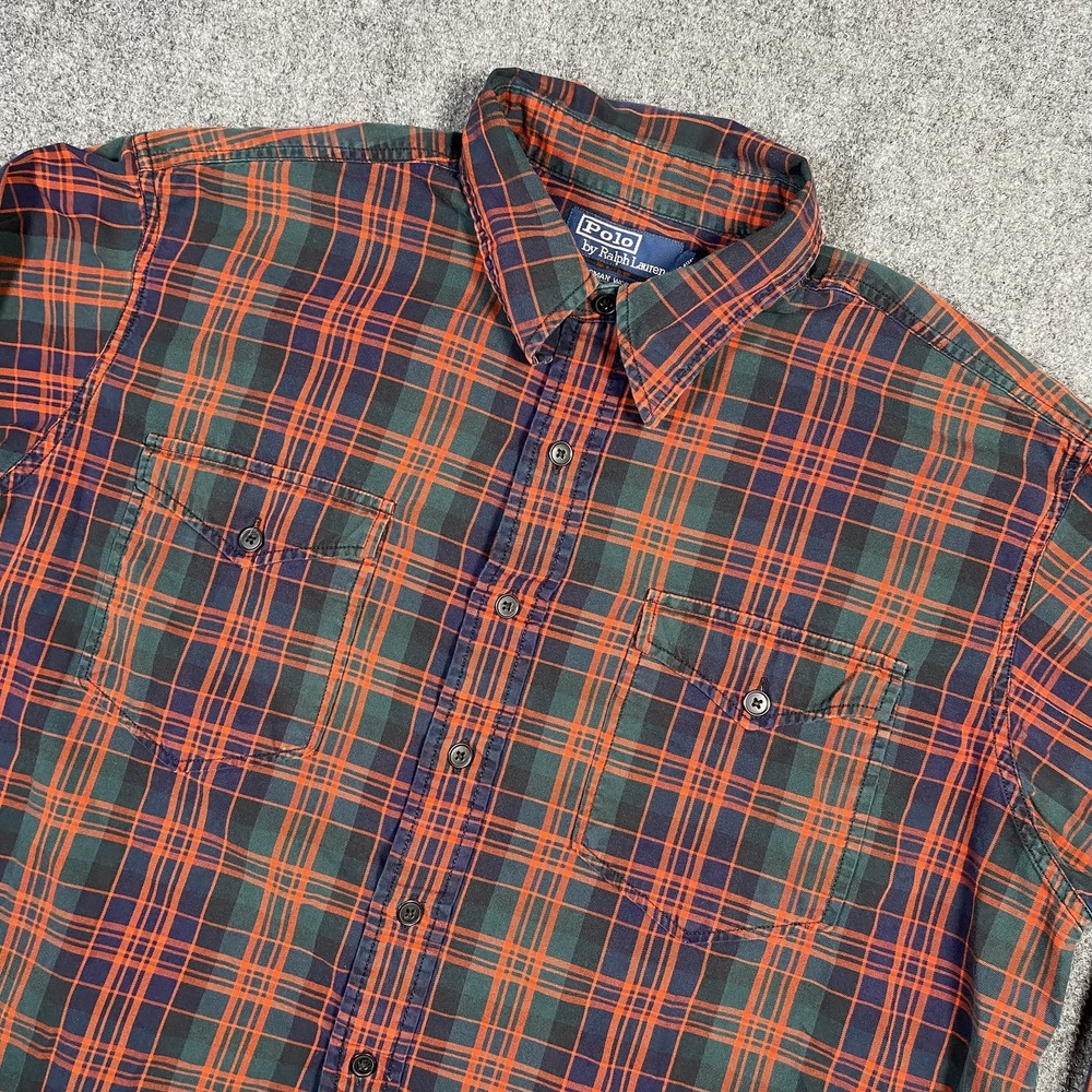 Polo‎ Ralph Lauren Shirt Mens Large Green Orange Plaid Woodsman Workshirt Cotton